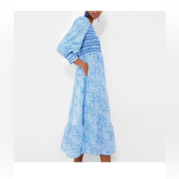 Pink City Prints Isabel Dress XS NWT Ornate Sky Blue Cotton Midi Smocked - Picture 3 of 13